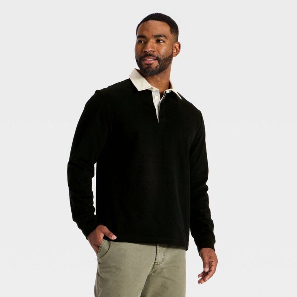 Men's Long Sleeve Rugby Shirt - Goodfellow & Co Black XXL